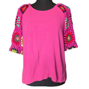 Crochet Granny Square Puff 3/4 Sleeve Fuchsia Shirt Size Small